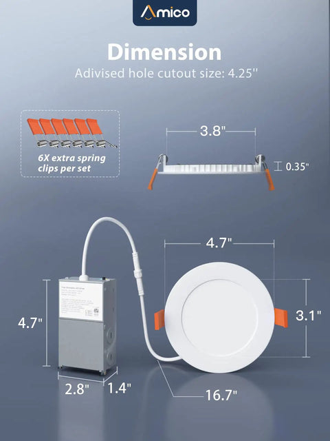Dimensions of Six Pack 4 Inch Ultra Thin LED Recessed Ceiling Light with Junction Box, showing parts and measurements.
