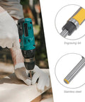 Person using 6mm Flush Trim Router Bit Bearing Cutter for wood trimming, showcasing engraved stainless steel detail.