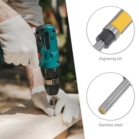 Person using 6mm Flush Trim Router Bit Bearing Cutter for wood trimming, showcasing engraved stainless steel detail.