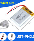 3.7V LiPo Battery 500mAh 602535 Rechargeable Lithium Polymer Pack With JST PH2.0mm Connector shown with size dimensions