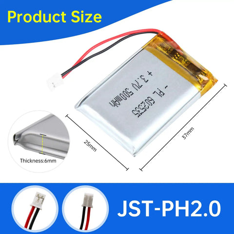 3.7V LiPo Battery 500mAh 602535 Rechargeable Lithium Polymer Pack With JST PH2.0mm Connector shown with size dimensions