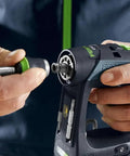 Person using Cordless CXS 2 Drill Kit With 3 Tools In One, FastFix For Centrotec Chuck, Keyless Chuck, And Optional Right Angle Attachment
