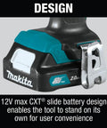 Close-up of the base of a 12V Max Cordless Drill Driver Kit With 3/8 In Chuck Two 2Ah Batteries Renewed Variable Speed 0 to 450 and 0 to 1700 RPM 250 In Lbs Torque Ergonomic Soft Grip Handle Go To Tool For Quick Projects, showing battery design.