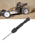 Close-up of a 57 Piece Hand Drill Kit with Adjustable Bit Holder and Notched Grip, shown with model car on sandy terrain.