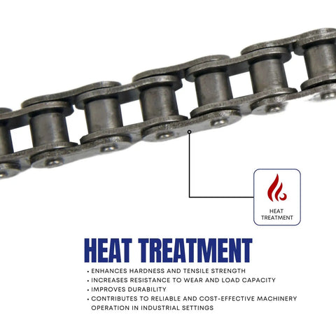 40H Heavy Duty Roller Chain heat treated for durability, image highlights tensile strength and industrial applications.