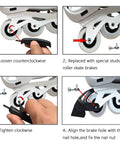 Installation guide for 4 Piece Roller Skate Brakes Set on inline skates, showing step-by-step process with tools and components