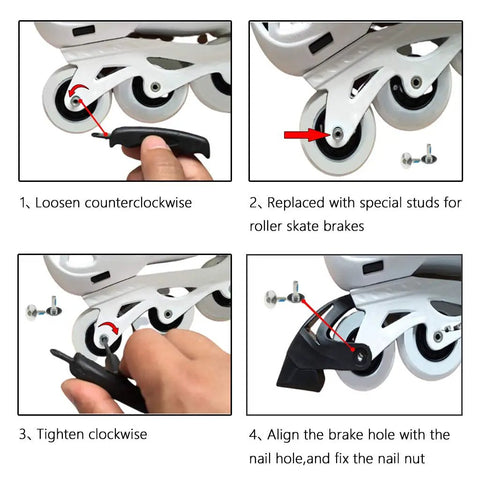 Installation guide for 4 Piece Roller Skate Brakes Set on inline skates, showing step-by-step process with tools and components