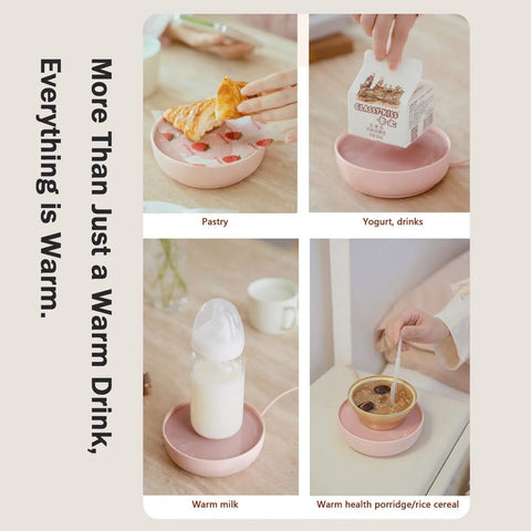 Electric Cup Warmer With Auto Shut Off Timer And Dual Temp Control Keeps Your Morning Brew Cozy On Your Desk With A Bright LED Display in use showcasing warm drinks and food.