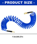 Coiled Air Hose One Quarter Inch Fits Air Compressors For Tire Inflation Auto Repair Work Spring Design Stops Tangles Keeps Workspace Clean Handles High Pressure Pneumatic Tools Like A Boss For Pros Who Hate Mess And Want Solid Gear That Never Fails Ever, blue 7.5m coiled PU hose with brass fittings