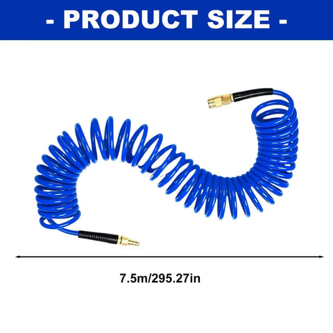 Coiled Air Hose One Quarter Inch Fits Air Compressors For Tire Inflation Auto Repair Work Spring Design Stops Tangles Keeps Workspace Clean Handles High Pressure Pneumatic Tools Like A Boss For Pros Who Hate Mess And Want Solid Gear That Never Fails Ever, blue 7.5m coiled PU hose with brass fittings