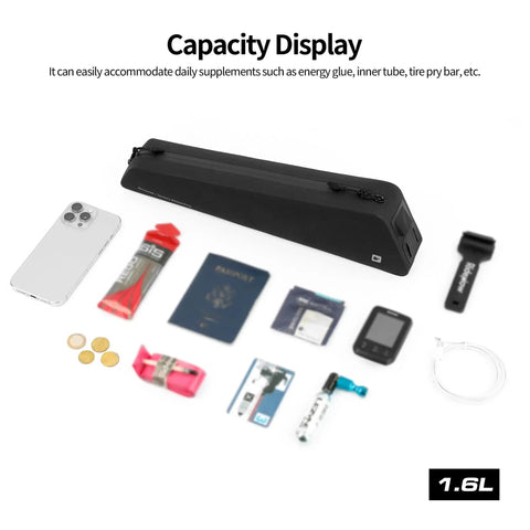 Extra Long 1.6L Top Tube Bag With Strap Mount, Waterproof Frame Bag For MTB Road And Gravel Bikes, showing storage capacity with contents