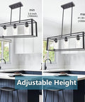 Farmhouse Black Lantern Pendant Chandelier With Seeded Glass, 3 Light Modern Dining Room Kitchen Island Lighting, Adjustable Height