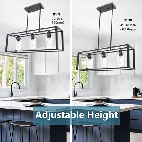 Farmhouse Black Lantern Pendant Chandelier With Seeded Glass, 3 Light Modern Dining Room Kitchen Island Lighting, Adjustable Height