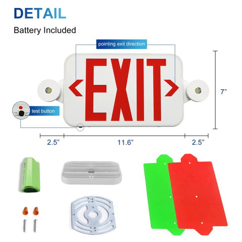 Diagram showing Two Pack Exit Sign With Emergency Lights Color Changing Red And Green UL Certified Battery Backup and components