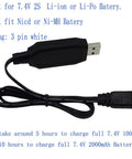 USB charging cable for 7.4V Li-ion RC boat battery with XH3P plug, showing details for compatibility with H100 and H102 model boats.
