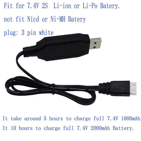 USB charging cable for 7.4V Li-ion RC boat battery with XH3P plug, showing details for compatibility with H100 and H102 model boats.
