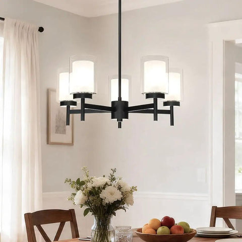 Matte Black Five Light Chandelier With Dual Glass Shades hanging over dining room table, modern farmhouse style, slim arms
