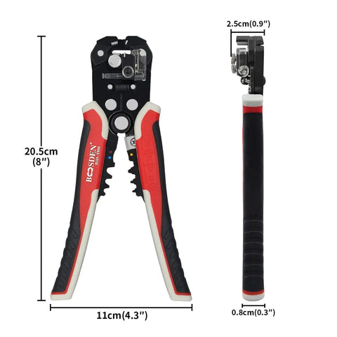 Automatic Wire Stripper Pliers With Self-Adjusting 3-In-1 Function for Stripping Crimping and Cutting 10-24 AWG Wires, front and side view.