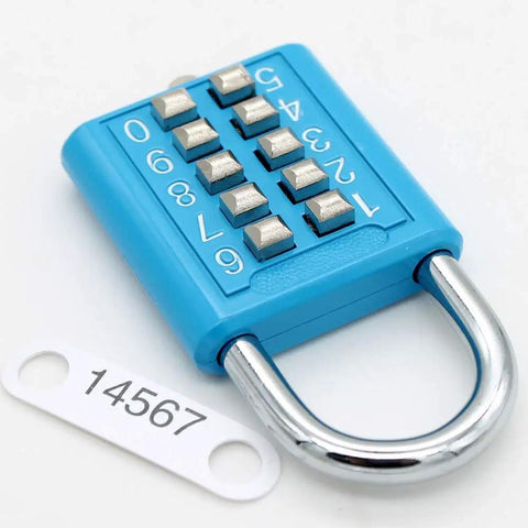 10 Dial Button Combination Padlock With 5 Position Locking Mechanism, blue with 10-position keypad, hardened steel shackle