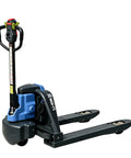 Heavy Duty Electric Pallet Jack With A Massive 4,400 Lbs Load Capacity in blue and black, featuring steel forks for warehouse use.