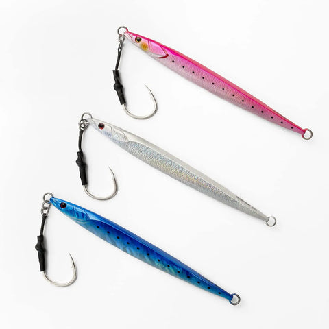 High Impact Saltwater Fishing Jigs For Speed Jigging With Barbed Hooks And Solid Lead Core in silver, blue, and pink colors.