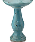 25 Inch Tall Outdoor Ceramic Antique Pedestal Birdbath With Turquoise Finish And Two Playful Bird Figurines For Garden Yard Patio Deck Decor.