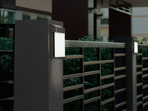 Solar Powered Post Accent Lights Set Of 4 For Outdoor Use Black Lights With Warm Glow, Simple Install, on modern fence post