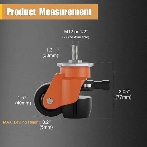 Heavy Duty Height Adjustable Casters With Ratchet Stem Leveling And Retractable Base For Workshop Gear set showing dimensions and features.