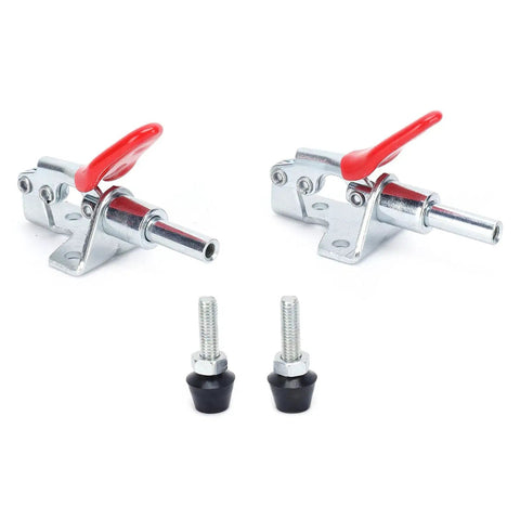 Hardcore Toggle Clamp With 400 Lb Holding Capacity And Quick Release Lever For Woodworking Or Metalworking Jigs And DIY Projects featuring chrome construction and red lever.