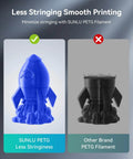 Comparison of SUNLU PETG filament with less stringing against other brand, featuring blue 3D rocket model