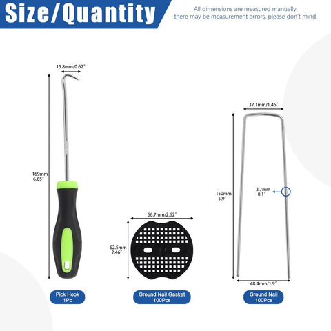All In One Garden Stakes And Staples Kit with 100 pcs 6 inch U shaped landscape staples, fixing gaskets, pick hook shown.