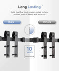 Comparison of 12 Ft Double Sliding Barn Door Track Kit With Ball Bearing Rollers, showing black powder coated steel vs alternative