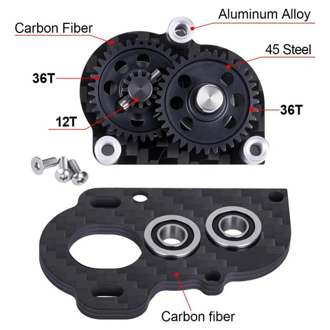 Upgrade Your 10 Scale RC Crawler Build With This Cool LCG Right Motor Gearbox Transmission showing aluminum alloy gears and carbon fiber housing.