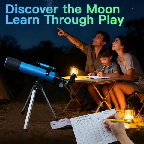 Kid-Friendly Beginner Telescope With 50mm Aperture And 100x Magnification Portable Tripod Kit With 2 Eyepieces And Finder Scope STEM Educational Gift For Boys And Girls Ages 6 12 Perfect Starter Astronomy Gear outdoors with family moon study