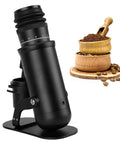 Top Shelf Aluminum Coffee Grinder With 48mm Conical Burr And Sixty Step Micro Adjustment For Hella Smooth Single Dose Espresso Grinds Featuring Low Retention Chute And Bellows with ground coffee and beans.