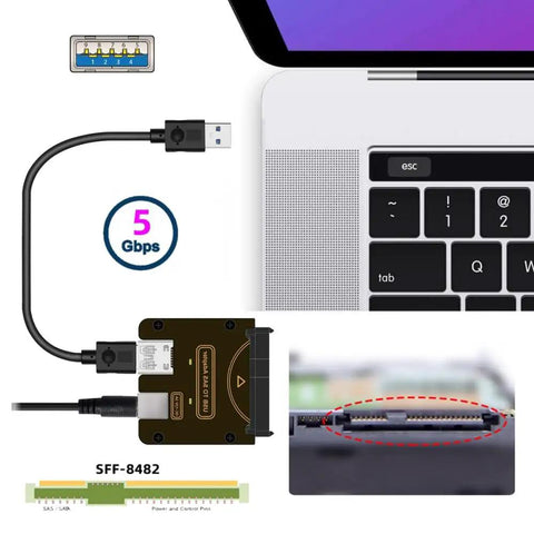 SAS To USB 3.0 Hard Drive Adapter With Built-In Chipset, 29Pin SFF-8482 To 5Gbps USB 3.0, Power Port, No RAID Card Needed, Easy Plug-And-Play Access For SAS Drives, Requires 12V/3A Power Supply, laptop connected