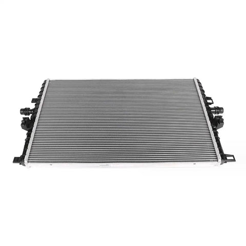 Heavy Duty Aluminum Battery Coolant Radiator Assembly For Tesla Model 3 And Model Y 2020 To 2023, top view showing fins and connectors.