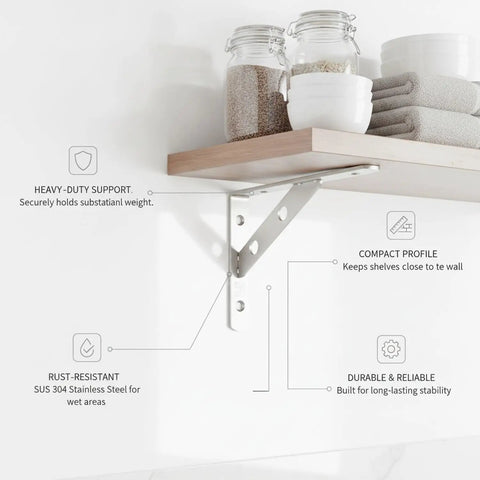 Heavy Duty L Shape Wall Shelf Bracket For Kitchen Bathroom Garage Storage, Rust Resistant 304 Stainless Steel, supporting a wooden shelf