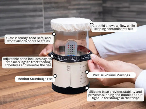 Sourdough Starter Kit With 37 Oz Wide Mouth Glass Jar For Bread Making Feeding Band With Time Markers Cloth Cover Spatula And Thermometer
