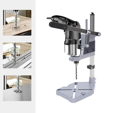 Rock Solid Drill Press Stand For Hand And Power Drills With Tight Grip Benchtop Mount Adapter showing metal drill bit with precision base.