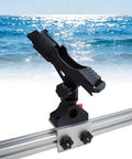 Heavy Duty Fishing Rod Holder for 90 Degree Boat Track System Side Mount with Aluminum Bracket Base 360 Degree Rotating for Versatrack Ranger Track System Bass Tracker and Track Boats, black on rail