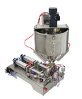 Heavy Duty Double Head Piston Liquid Filling Machine With Heating Stirrer And Mixer for thick pastes, 50-500 ml batches, 110V.