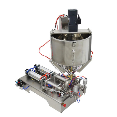 Heavy Duty Double Head Piston Liquid Filling Machine With Heating Stirrer And Mixer for thick pastes, 50-500 ml batches, 110V.