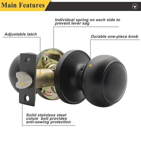 Door Knob Set, 10 Pack Matte Black Colonial Ball Knob Interior Passage Handles For Closet And Hallway Doors, adjustable latch