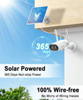 Wireless Outdoor Security Camera With Solar Panel, 2K Solar Powered, mounted on wall under sunny sky, showcasing wire-free setup.