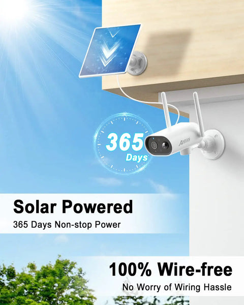 Wireless Outdoor Security Camera With Solar Panel, 2K Solar Powered, mounted on wall under sunny sky, showcasing wire-free setup.