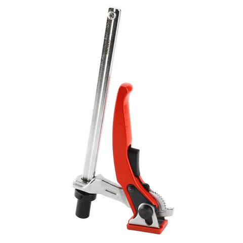 Quick Acting Hold Down Clamp For Woodworking Benches, red handle, alloy steel frame, 16mm columns, shown upright