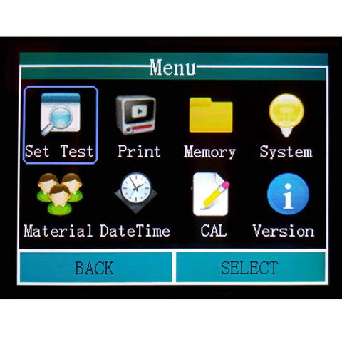 Menu screen of Handheld Portable Hardness Tester With Built In Printer And Color Display, showing options like Set Test and Print.