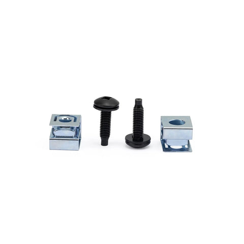 Rock Solid Go To 50 Pack 10 32 Thread Server Rack Screws With Dead Easy Zinc Slide On Cage Nuts For 19 Inch Server Racks And Chassis Enclosures Black And Silver Hardware Kit, showing screws and cage nuts.