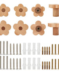 8 Piece Flower Wood Cabinet Knobs Set In Burlywood Two Sizes Cute Floral Drawer Pulls with assorted screws and wall plugs